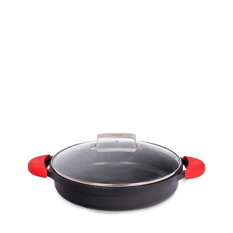 Casseruola bassa con coperchio in vetro, 2 presine in silicone e una borsa in cotone inclusi CM 28/L 3,5