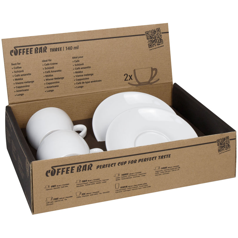 Tazza caffè con piattino "Coffee Bar THREE - Espresso Doppio", confezione 2 pezzi ml 140