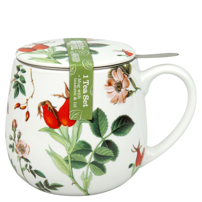 Tazza tè con coperchio e filtro, disegno:  "My favourite Tea - Rosa canina" ml 420