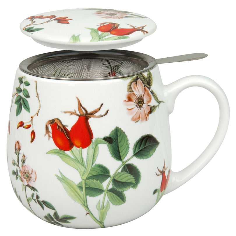 Tazza tè con coperchio e filtro, disegno:  "My favourite Tea - Rosa canina" ml 420