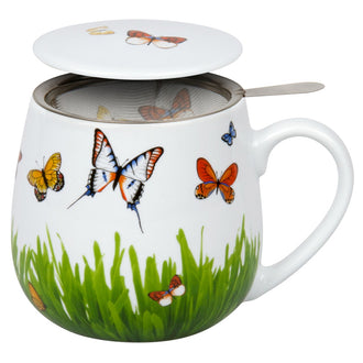 Tazza tè con coperchio e filtro, disegno: Campo di farfalle ml 420