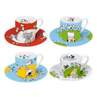 Tazza caffè con piattino in confezione assortita da 4 pezzi, design: Globetrotter ml 85/cm Ø12x5,5