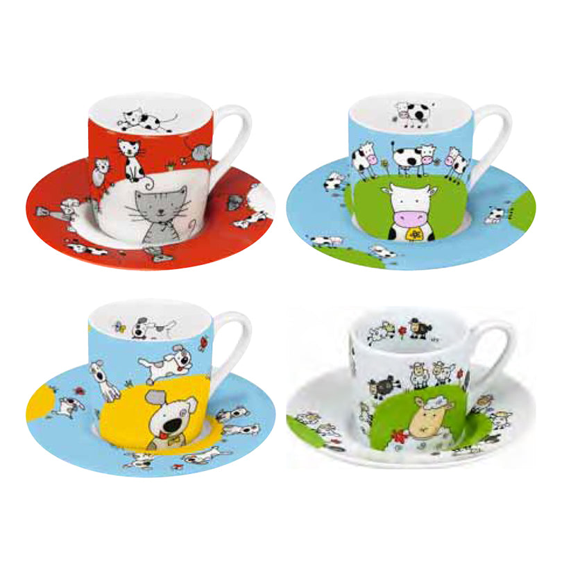 Tazza caffè con piattino in confezione assortita da 4 pezzi, design: Globetrotter ml 85/cm Ø12x5,5