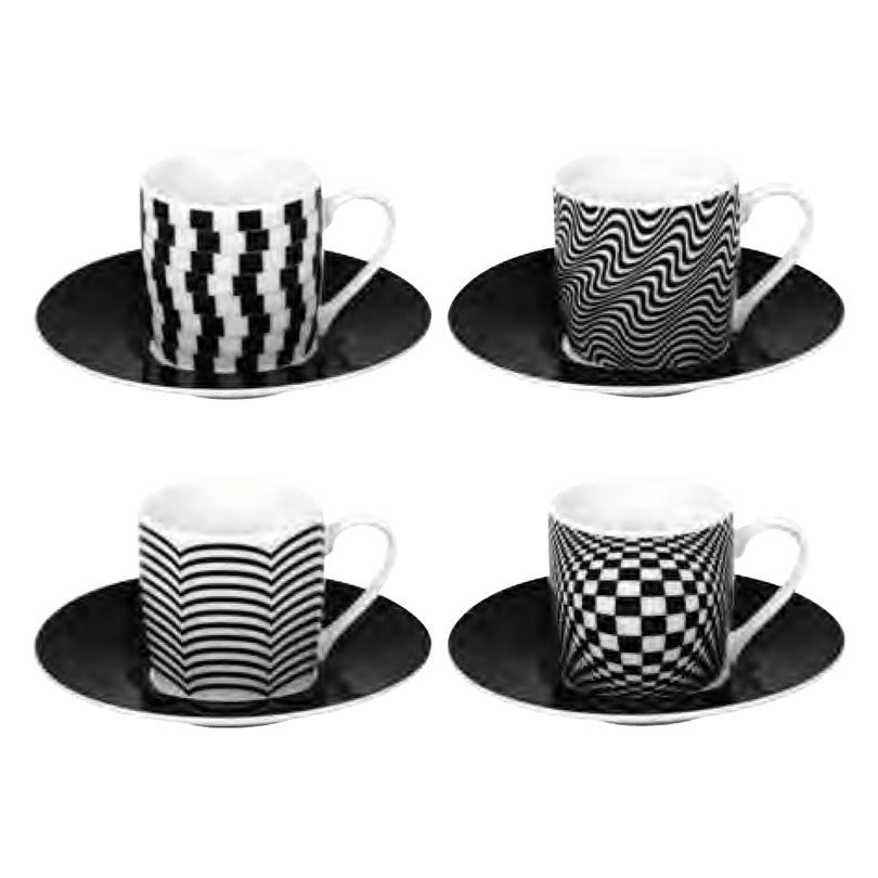 Tazza caffè con piattino in confezione assortita da 4 pezzi, design: Optical Illusions ml 85/cm Ø12x5,5