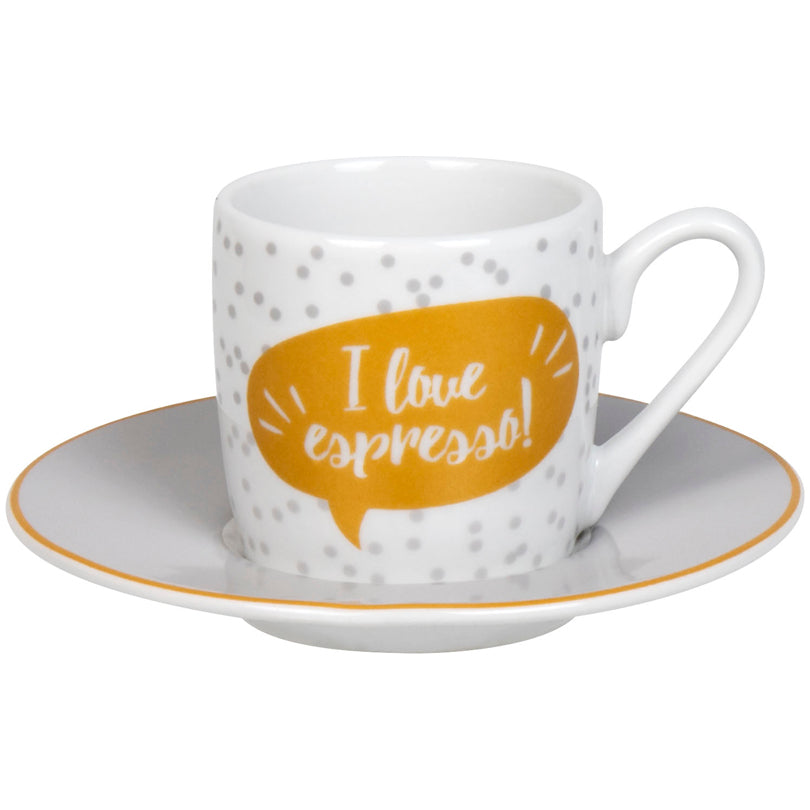 Tazza caffè con piattino in confezione assortita da 4 pezzi, design: Love Espresso ml 85/cm Ø12x5,5