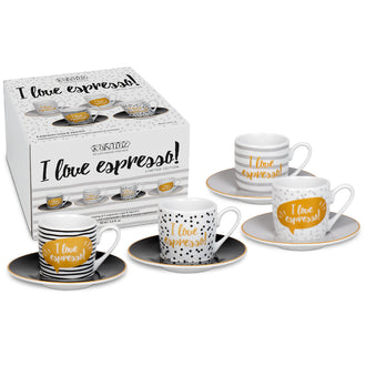 Tazza caffè con piattino in confezione assortita da 4 pezzi, design: Love Espresso ml 85/cm Ø12x5,5