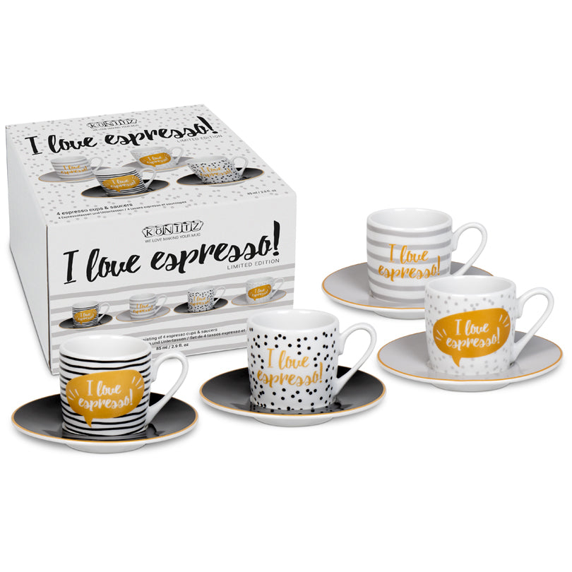 Tazza caffè con piattino in confezione assortita da 4 pezzi, design: Love Espresso ml 85/cm Ø12x5,5