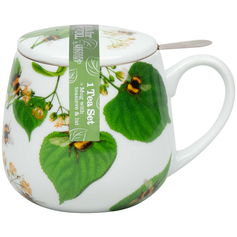 Tazza tè con coperchio e filtro, disegno: Bombi sulle foglie ml 420/cm Ø8,2x10