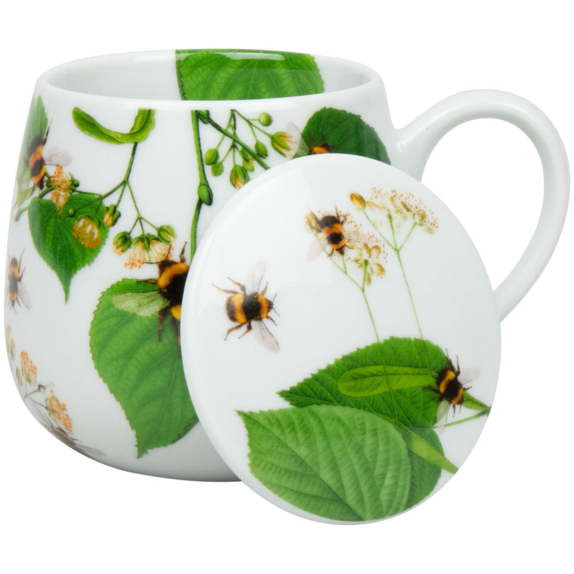 Tazza tè con coperchio e filtro, disegno: Bombi sulle foglie ml 420/cm Ø8,2x10
