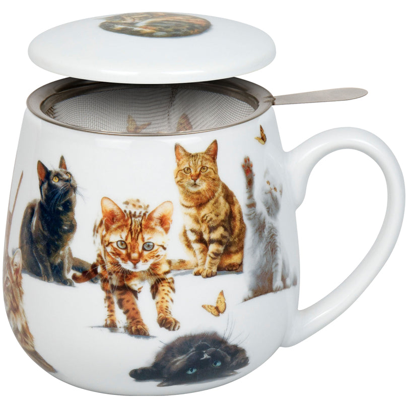 Tazza tè con coperchio e filtro, disegno: Felini - Furry Little Paws ml 400/cm Ø8x10,2