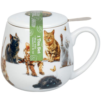 Tazza tè con coperchio e filtro, disegno: Felini - Furry Little Paws ml 400/cm Ø8x10,2