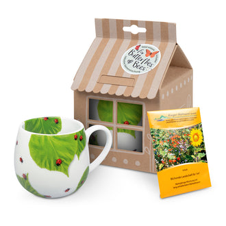 Tazza mug con semi di fiori in confezione regalo, disegno: Coccinella su foglia ml 425/cm Ø11,2x10