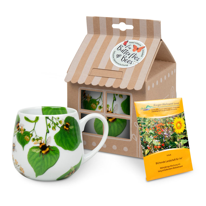 Tazza mug con semi di fiori in confezione regalo, disegno: Bombi sulle foglie ml 425/cm Ø11,2x10
