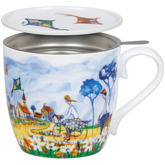 Tazza tè con coperchio e filtro, disegno: Portchie - Kites and Cycling ml 425/cm Ø9,7x8,9