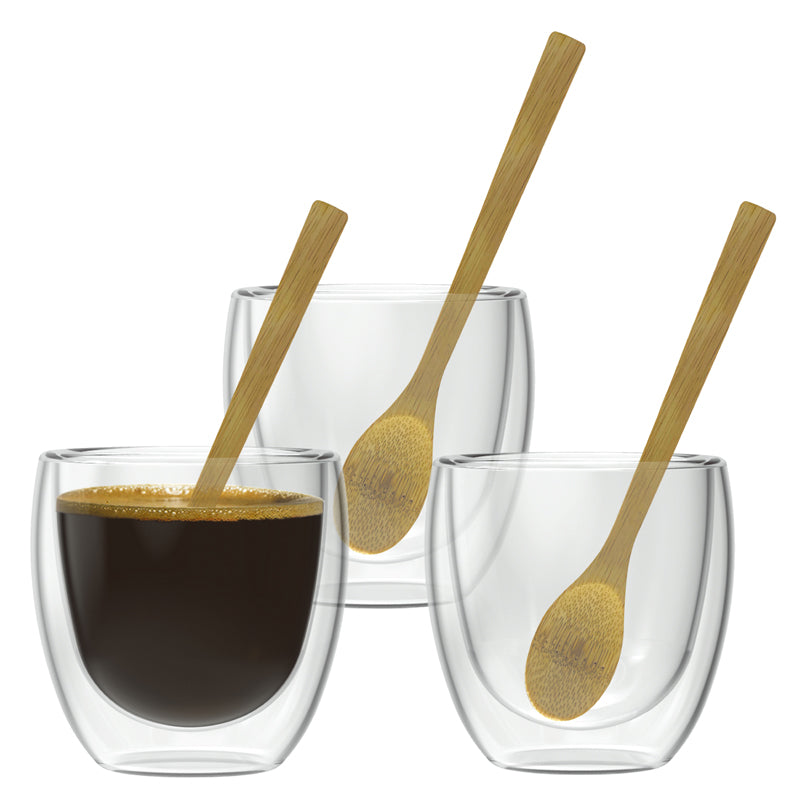 Mug caffè a doppia parete con cucchiaino di bambù, confezione 3 pezzi ml 250/cm Ø8,5x9