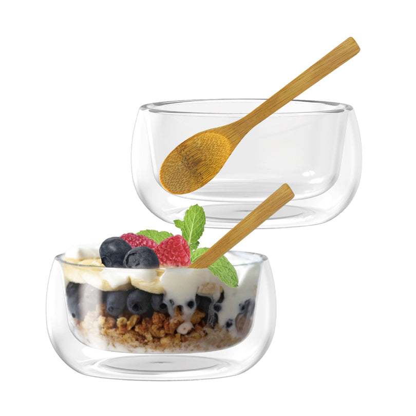 Coppa dessert a doppia parete con cucchiaino in bambù, confezione 2 pezzi cml 280/cm Ø12x6