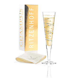 Calice champagne con tovagliolo in tessuto "Champus Celebration Glass - 2021", impreziosito con 12 cristalli Swarovski cl 20/cm Ø6x24