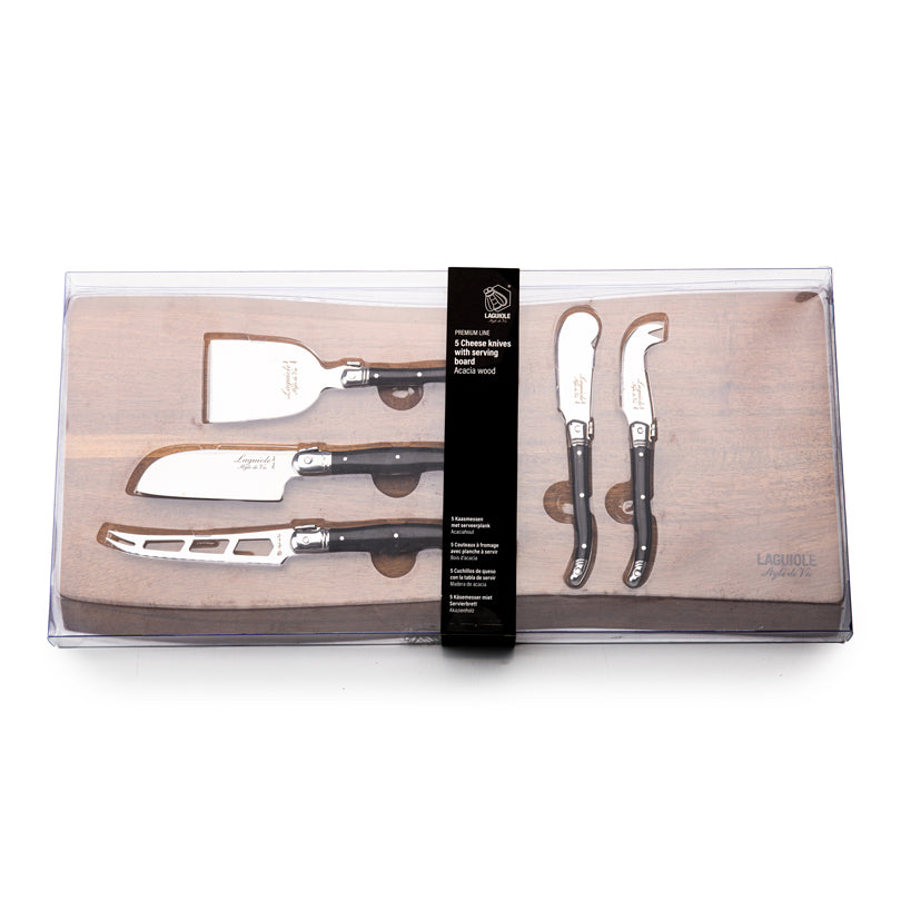 Set 5 coltelli formaggio "Premium Line" con tagliere in acacia cm 5,5-9,5