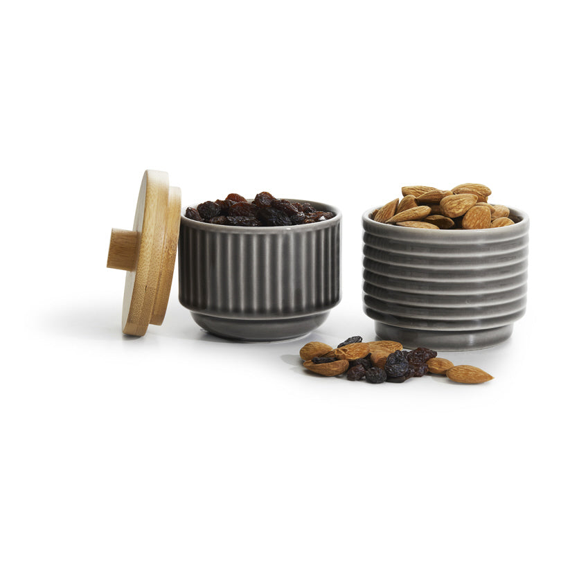 Ciotola tonda impilabile con rilievo "Coffee & More" e coperchio in bambù, 2 pezzi cm Ø8x6/13,5