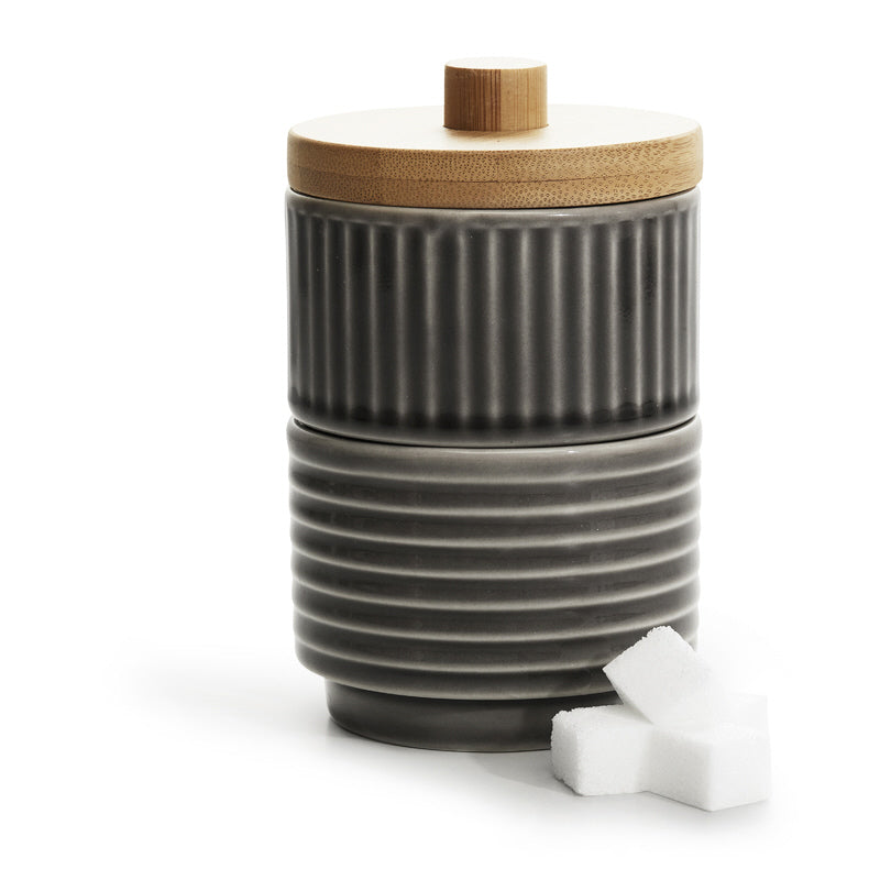 Ciotola tonda impilabile con rilievo "Coffee & More" e coperchio in bambù, 2 pezzi cm Ø8x6/13,5