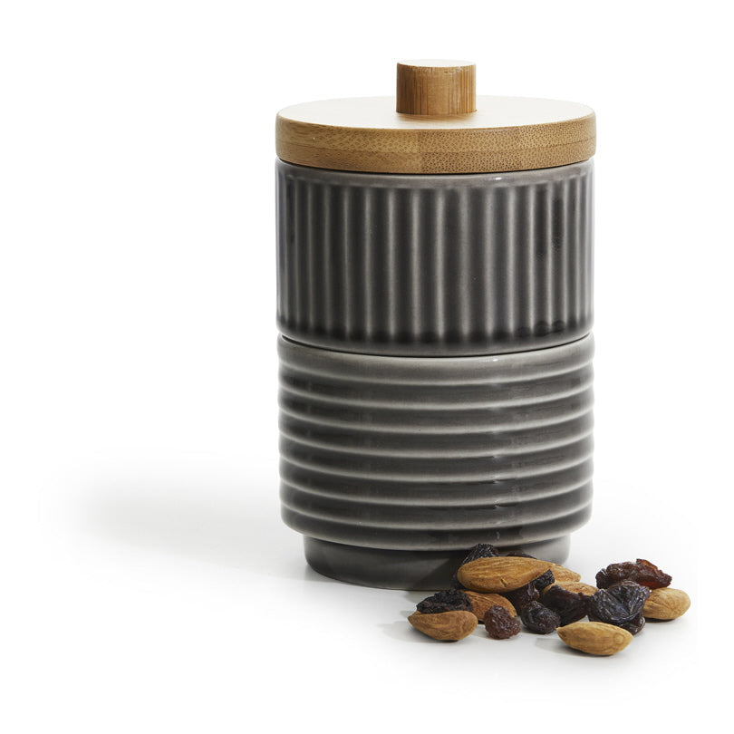 Ciotola tonda impilabile con rilievo "Coffee & More" e coperchio in bambù, 2 pezzi cm Ø8x6/13,5