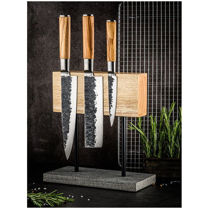 Ceppo portacoltelli magnetico su base in pietra naturale cm 25x12x27,5