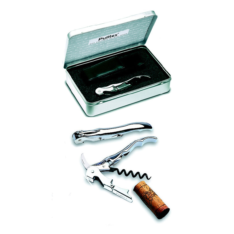 Set "Pulltap's Classic", cavatappi  cromato con foderina in pelle nera , tutto confezionato in una scatola regalo di latta