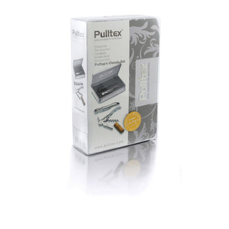 Set "Pulltap's Classic", cavatappi  cromato con foderina in pelle nera , tutto confezionato in una scatola regalo di latta