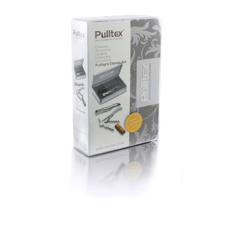 Set "Pulltap's Classic", cavatappi  cromato con foderina in pelle nera , tutto confezionato in una scatola regalo di latta