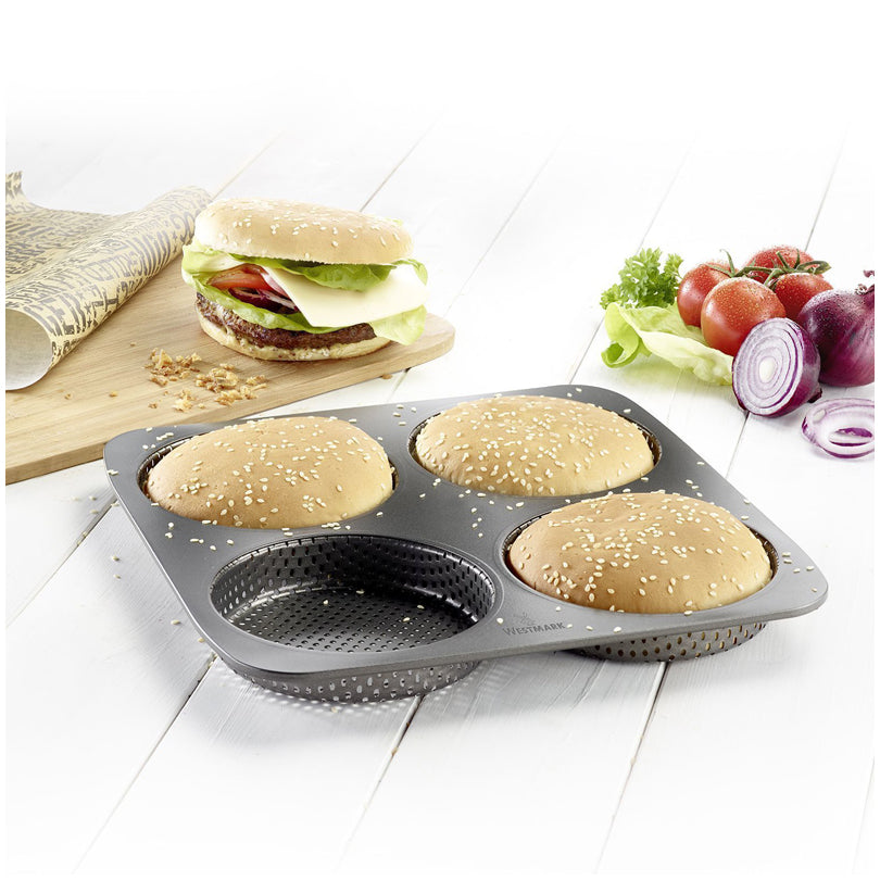 Teglia forata per panini hamburger, 4 cavità cm Ø12/cm 28x28x2,5