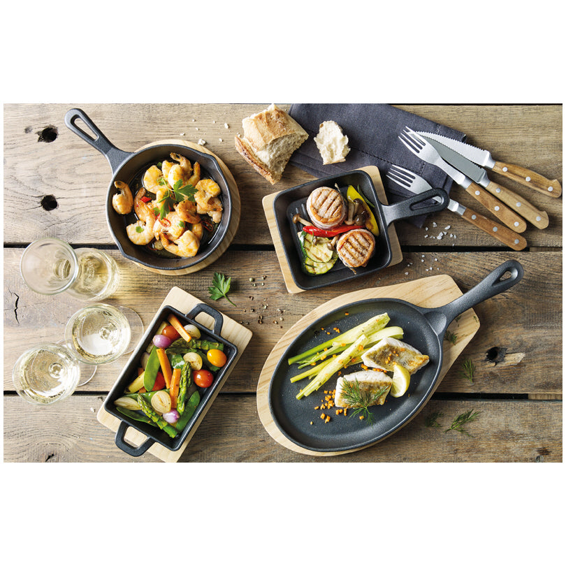 Padella grill/da portata "BBQ" quadrata con supporto legno cm 23x13,5x5,5