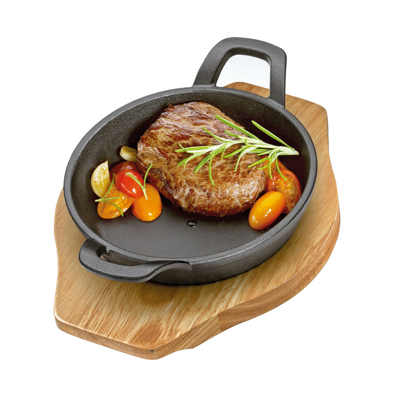 Padella grill/da portata "BBQ" tonda con supporto legno cm Ø24x18,5x5,5