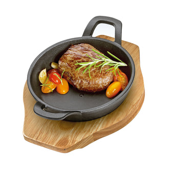 Padella grill/da portata "BBQ" tonda con supporto legno cm Ø24x18,5x5,5
