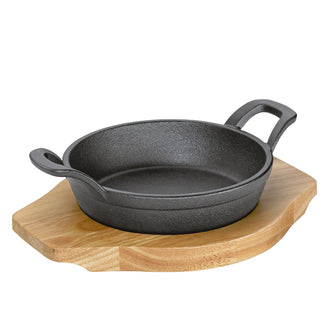 Padella grill/da portata "BBQ" tonda con supporto legno cm Ø24x18,5x5,5