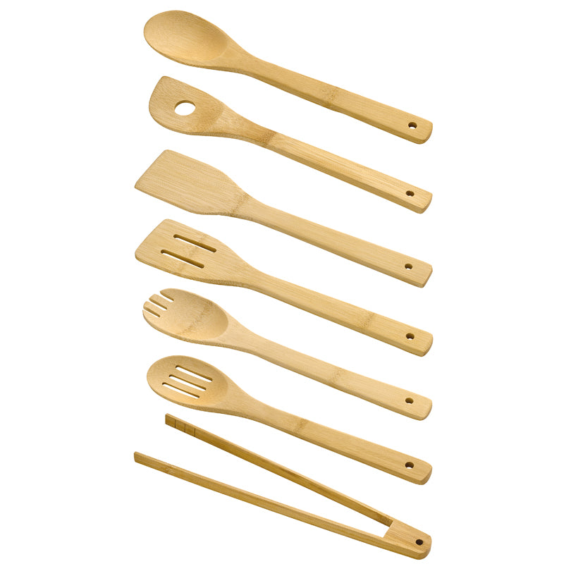 Set 7 utensili da cucina, in contenitore di canna di bambù cm 32