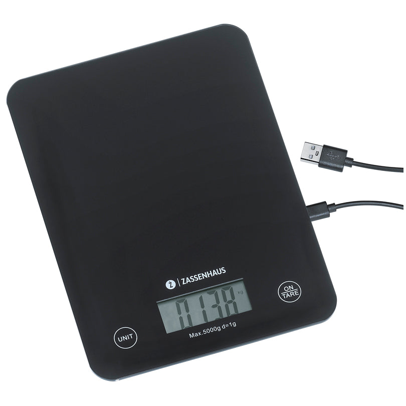 Bilancia da cucina digitale e ricaricablie "Balance USB" con piatto in vetro 1g/5kg cm 16x21,5x2
