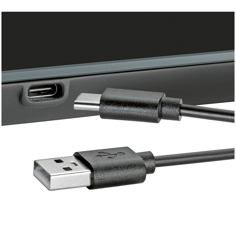 Bilancia da cucina digitale e ricaricablie "Balance USB" con piatto in vetro 1g/5kg cm 16x21,5x2