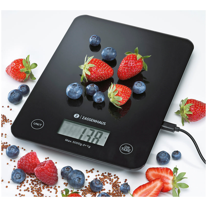 Bilancia da cucina digitale e ricaricablie "Balance USB" con piatto in vetro 1g/5kg cm 16x21,5x2