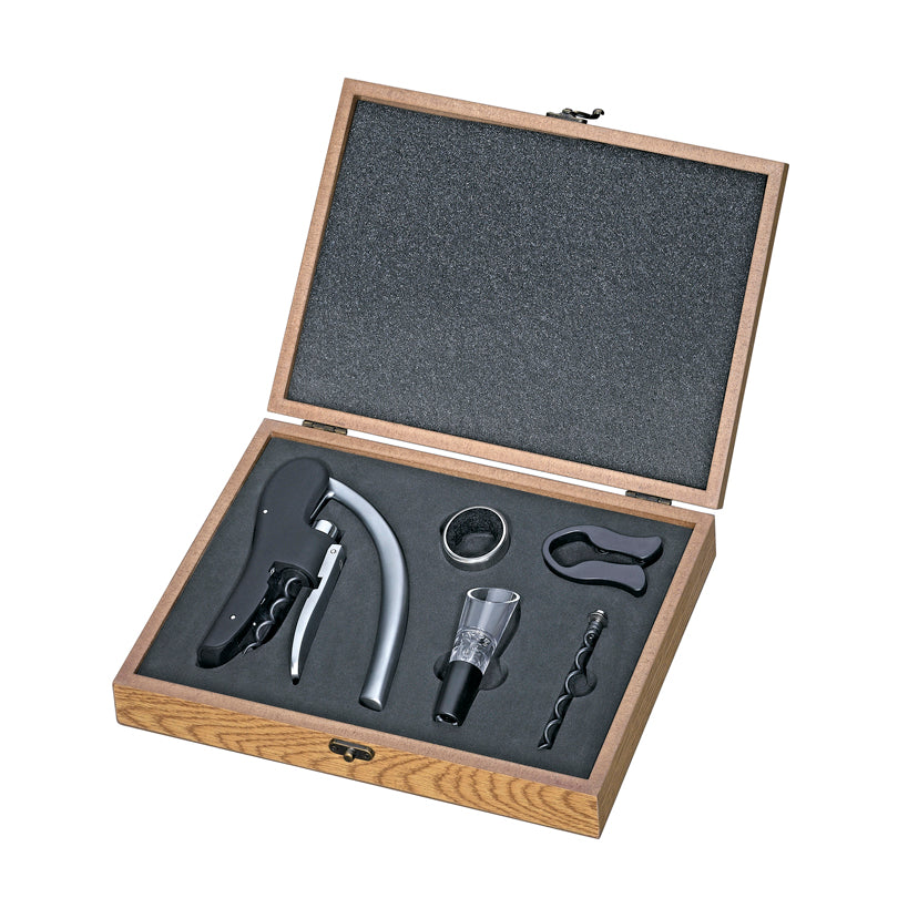 Set da vino "Trentino", 5 pezzi in scatola regalo in legno cm 30x20x5,5