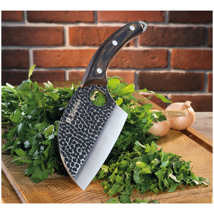 Coltello cuoco "Keeper" con custodia in pelle, dotata di un pratico laccio per fissarla alla cintura cm 12/25