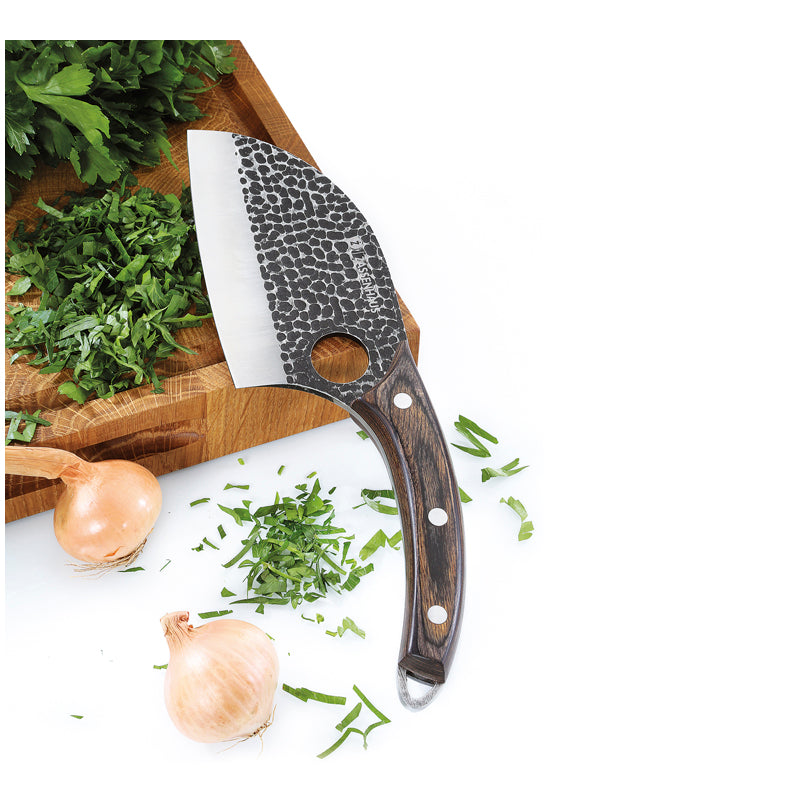 Coltello cuoco "Keeper" con custodia in pelle, dotata di un pratico laccio per fissarla alla cintura cm 12/25