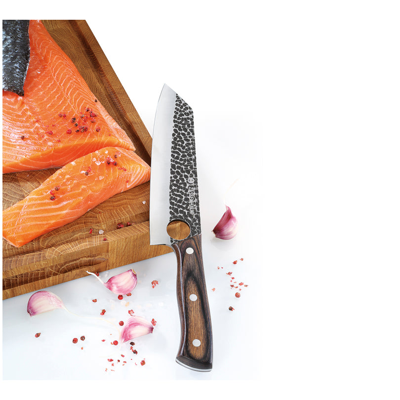 Coltello cuoco "Hunter" con custodia in pelle, dotata di un pratico laccio per fissarla alla cintura cm 19/31