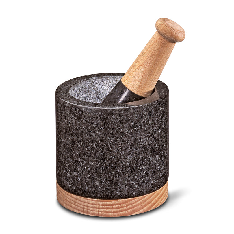 Mortaio "Merkur", con pestello e base d'appoggio in legno faggio cm Ø10x9,5