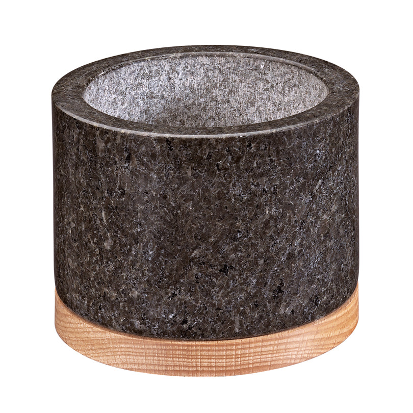 Mortaio "Saturn", con pestello e base d'appoggio in legno di faggio cm Ø14x10,5