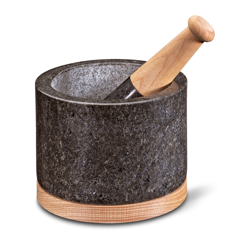 Mortaio "Saturn", con pestello e base d'appoggio in legno di faggio cm Ø14x10,5