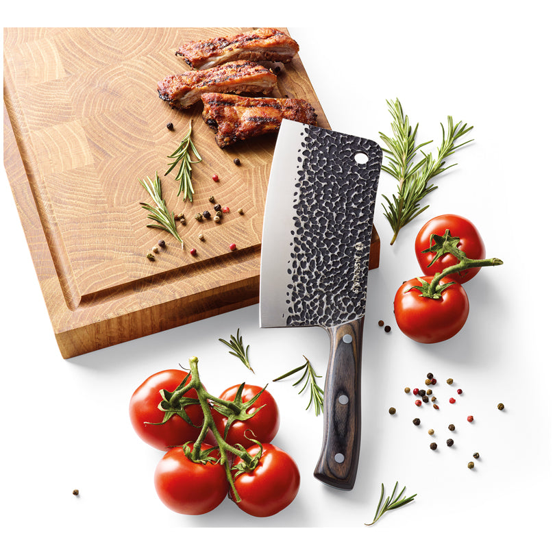 Coltello cuoco "Cleaver" con custodia in pelle, dotata di un pratico laccio per fissarla alla cintura cm 17/28,5