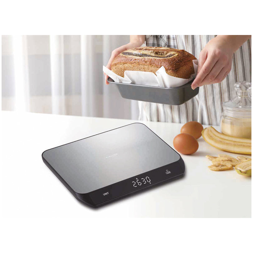 Bilancia da cucina digitale e ricaricablie con piatto in acciaio inox, 1g/20kg cm 24x19,5x2,5