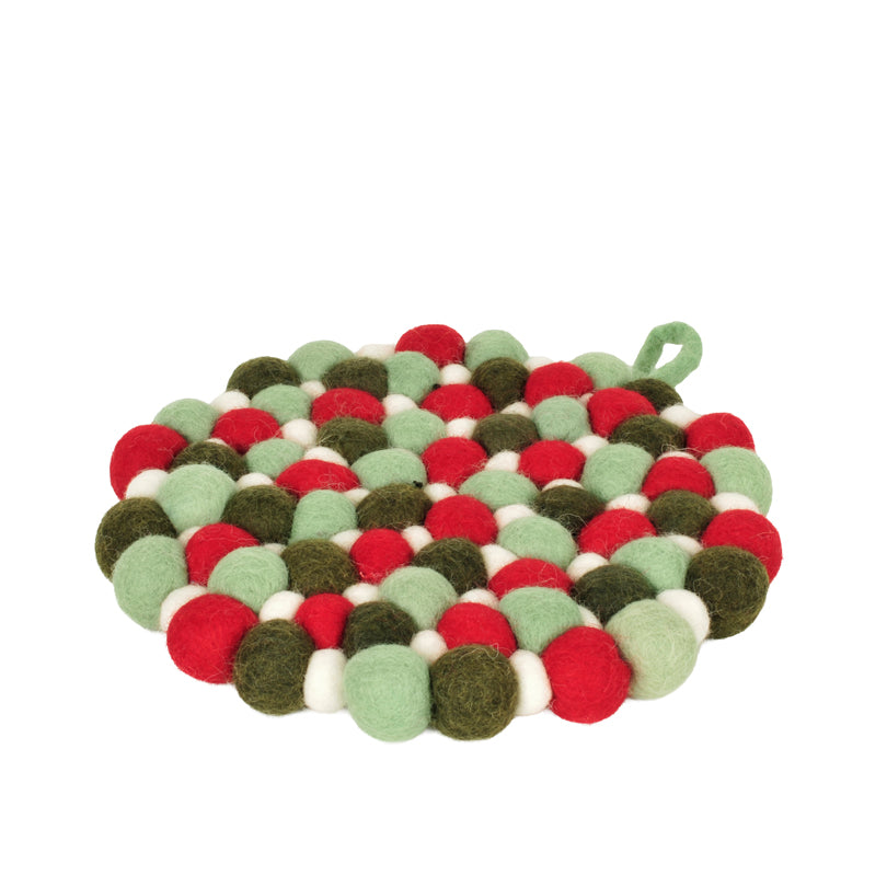 Sottopentola tondo "Pompon Verde/Rosso" con pratico occhiello cm Ø21