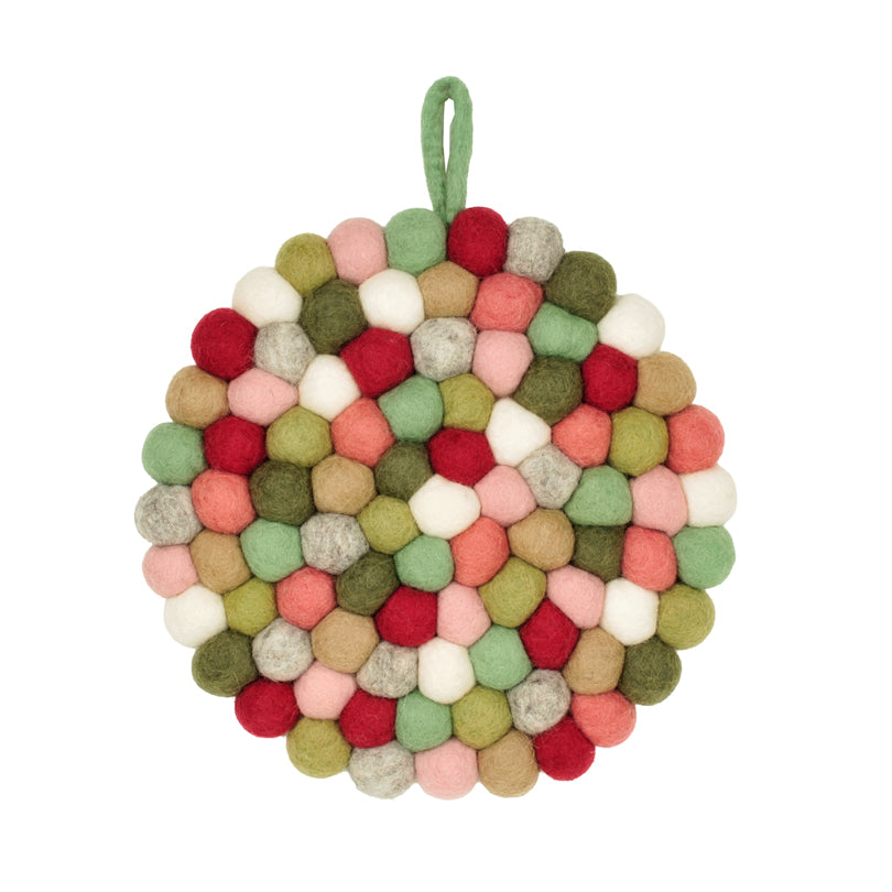 Sottopentola tondo "Pompon Verde/Rosa" con pratico occhiello cm Ø21
