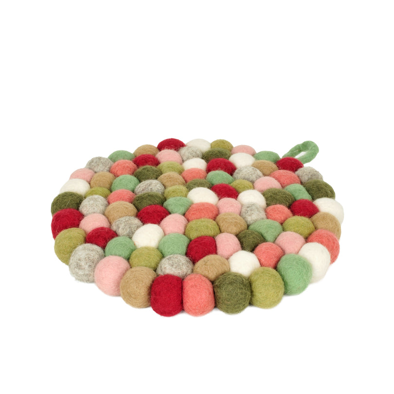Sottopentola tondo "Pompon Verde/Rosa" con pratico occhiello cm Ø21